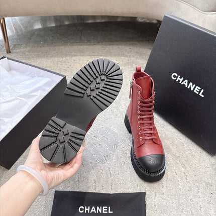 CHANEL 26S PLATFORM COMBAT BOOTS 50MM IN RED AND BLACK CALFSKIN