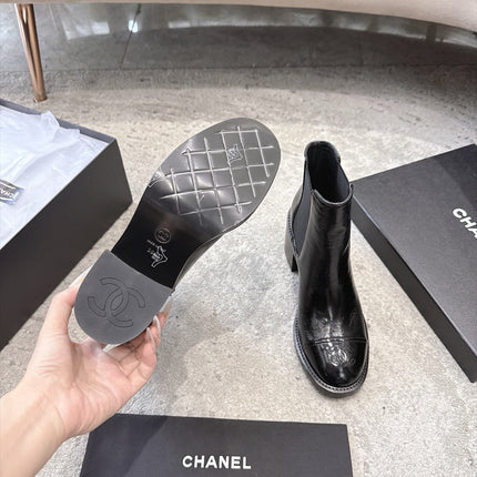 CHANEL 26S CAP TOE CHELSEA ANKLE BOOTS 65MM IN BLACK CRINKLED CALFSKIN