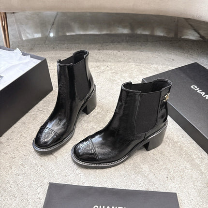 CHANEL 26S CAP TOE CHELSEA ANKLE BOOTS 65MM IN BLACK CRINKLED CALFSKIN