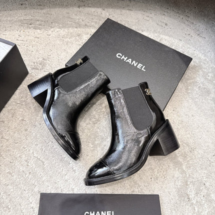 CHANEL 26S CAP TOE CHELSEA ANKLE BOOTS 65MM IN BLACK CRINKLED CALFSKIN