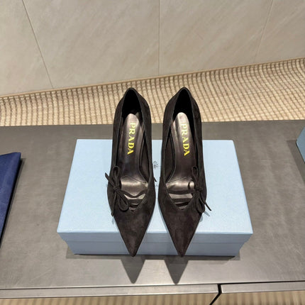 PRADA 26S POINTED TOE HEELS 75MM IN BLACK SUEDE WITH BOW