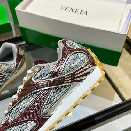 BOTTEGA VENETA 26S ORBIT SNEAKERS IN SILVER AND DARK RED TECHNICAL MESH