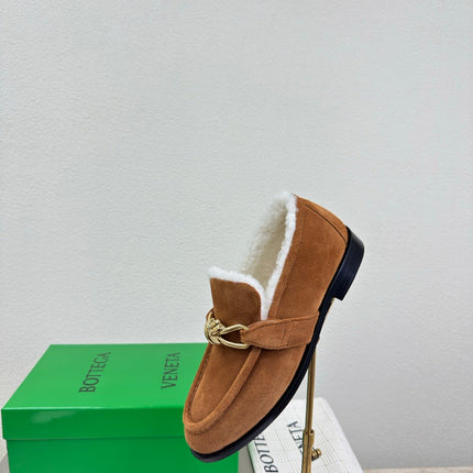 BOTTEGA VENETA 26S LOAFERS IN BROWN SUEDE AND WHITE WOOL WITH GOLD HARDWARE