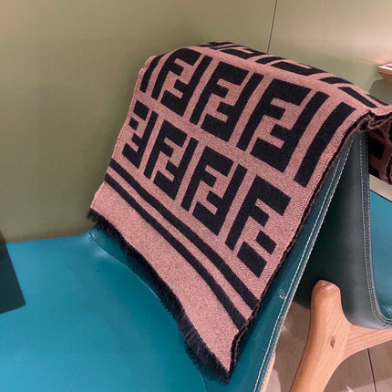 FF 180 CM SCARF IN CAMEL BROWN MIX BLACK CASHMERE AND WOOL