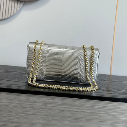 CHANEL 26S FLAP BAG 22 IN METALLIC SILVER LIZARD-EMBOSSED LEATHER