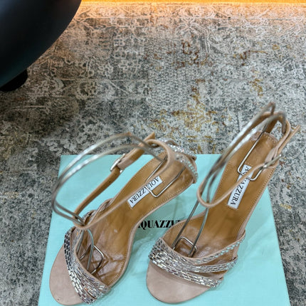 AQUAZZURA 26S HEELED SANDALS 95 MM IN BEIGE SUEDE CRYSTAL-EMBELLISHED STRAPS