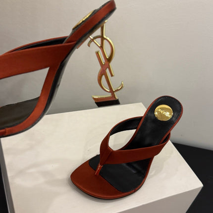 YSL 26S TOE-POST HIGH HEEL SANDALS IN ORANGE SATIN