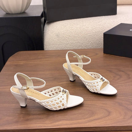 CHANEL 26S HIGH-HEELED BACK-STRAP SANDALS 60 MM IN WHITE WOVEN LAMBSKIN