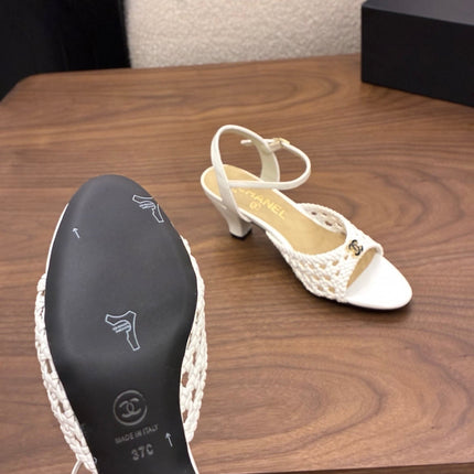 CHANEL 26S HIGH-HEELED BACK-STRAP SANDALS 60 MM IN WHITE WOVEN LAMBSKIN