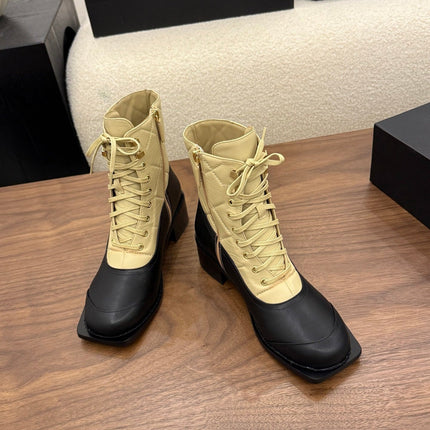 CHANEL 26S LACE UP HIGH TOP BOOTS 45 MM IN BLACK AND BEIGE CALFSKIN