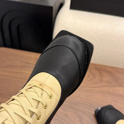 CHANEL 26S LACE UP HIGH TOP BOOTS 45 MM IN BLACK AND BEIGE CALFSKIN