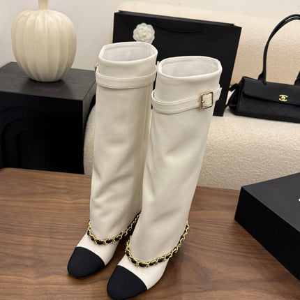 CHANEL 26S TALL BOOTS 60 MM IN WHITE CALFSKIN TALL BOOTS WITH GOLD TONE CHAIN DETAIL