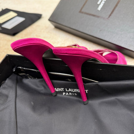 YSL 26S HEELED SANDALS 105 MM IN DARK PINK SATIN