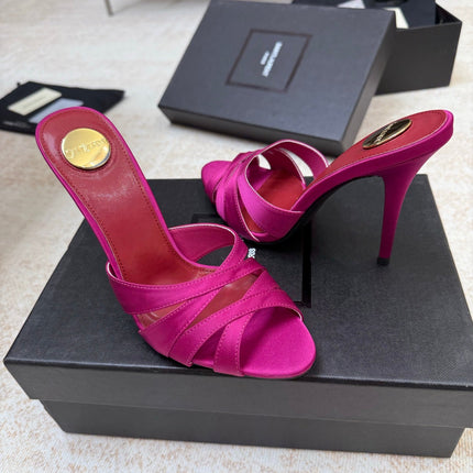 YSL 26S HEELED SANDALS 105 MM IN DARK PINK SATIN