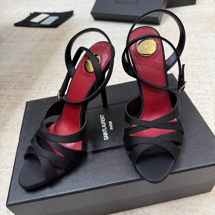 YSL 26S STRAPPY HEELED SANDALS 105 MM IN BLACK SATIN
