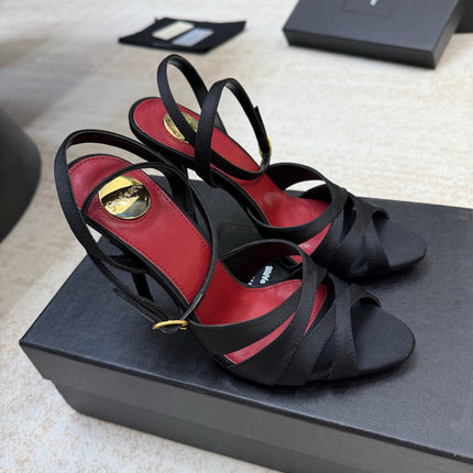 YSL 26S STRAPPY HEELED SANDALS 105 MM IN BLACK SATIN