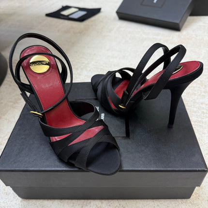 YSL 26S STRAPPY HEELED SANDALS 105 MM IN BLACK SATIN