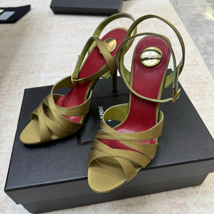 YSL 26S STRAPPY HEELED SANDALS 105 MM IN OLIVE GREEN SATIN