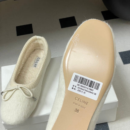 CELINE 26S BALLET FLATS IN WHITE WOOL WITH BOW STYLE 2