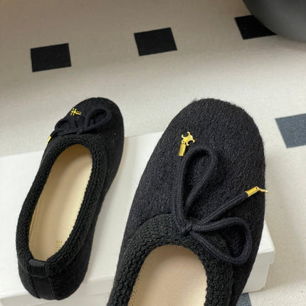 CELINE 26S BALLET FLATS IN BLACK WOOL WITH BOW