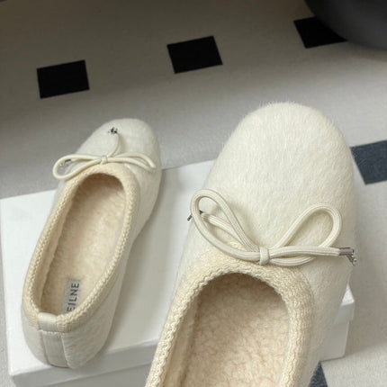CELINE 26S BALLET FLATS IN CREAM WHITE WOOL WITH BOW