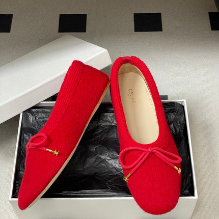 CELINE 26S BALLET FLATS IN RED WOOL WITH BOW