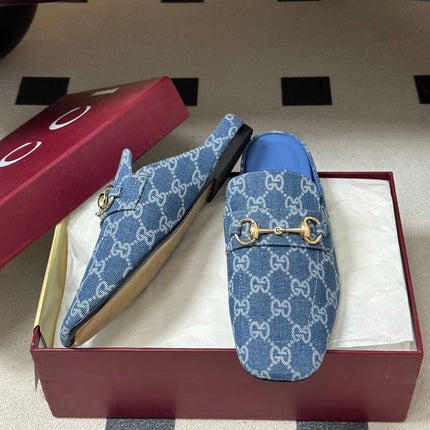 GUCCI 26S HORSEBIT LOAFER MULES IN BLUE DENIM