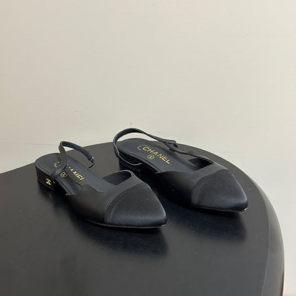 CHANEL 26S POINTED TOE SLINGBACKS IN BLACK LAMBSKIN AND FABRIC