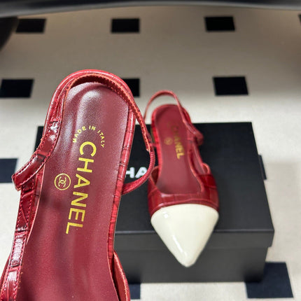 CHANEL 26S POINTED TOE SLINGBACKS IN DARK RED AND WHITE LAMBSKIN