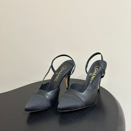 CHANEL 26S POINTED TOE HIGH HEEL SLINGBACKS 85 MM IN BLACK LAMBSKIN AND FABRIC