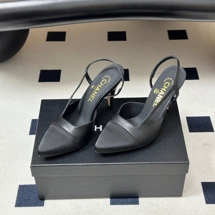 CHANEL 26S POINTED TOE HIGH HEEL SLINGBACKS 85 MM IN BLACK LAMBSKIN AND FABRIC