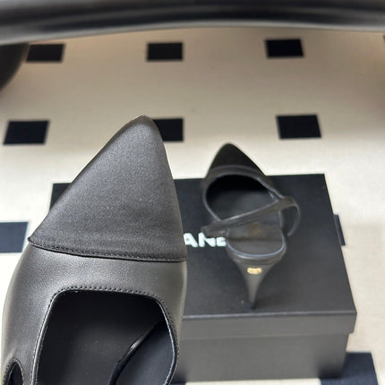 CHANEL 26S POINTED TOE HIGH HEEL SLINGBACKS 85 MM IN BLACK LAMBSKIN AND FABRIC