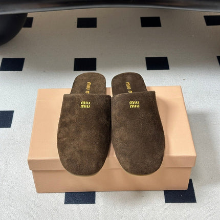 MIUMIU 26S MULE LOAFERS IN DARK BROWN SUEDE LOGO