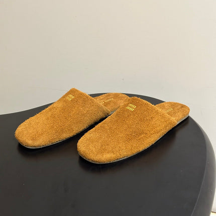 MIUMIU 26S MULE LOAFERS IN TAN BROWN SUEDE LOGO