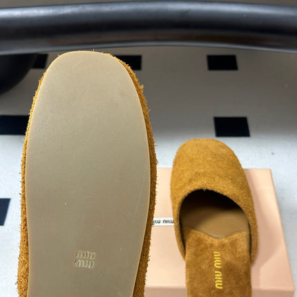 MIUMIU 26S MULE LOAFERS IN TAN BROWN SUEDE LOGO