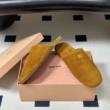 MIUMIU 26S MULE LOAFERS IN TAN BROWN SUEDE LOGO