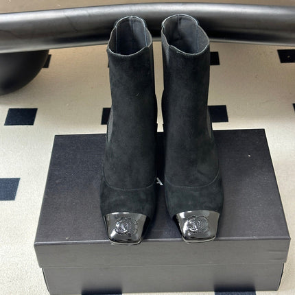 CHANEL 26S ANKLE BOOTS 60 MM IN BLACK SUEDE AND PATENT