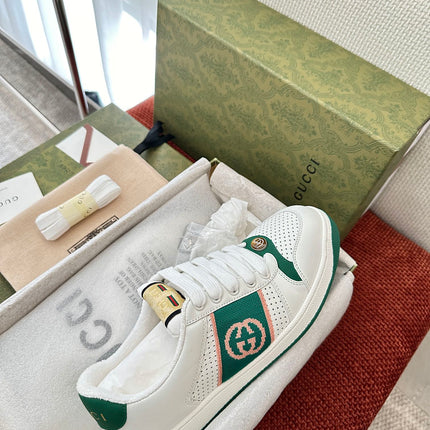 GG SCREENER SNEAKER WHITE AND DARK GREEN CALFSKIN