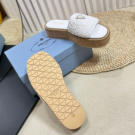 PRA WEDGE FLATFORM SLIDES WHITE RAFFIA