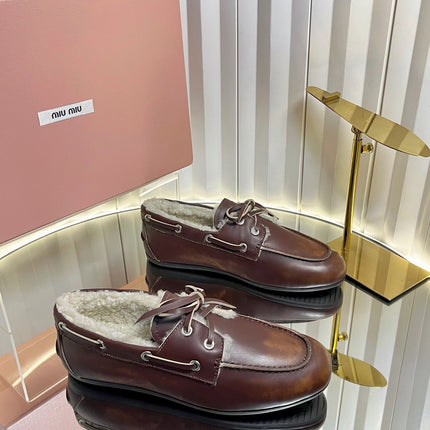 MIUMIU 26S FUR BOAT SHOES IN BROWN CALFSKIN