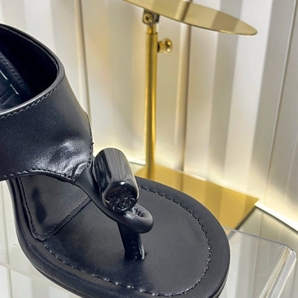 LOEWE 26S HEELED THONG SANDALS 90 MM IN BLACK CALFSKIN