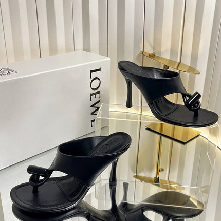 LOEWE 26S HEELED THONG SANDALS 90 MM IN BLACK CALFSKIN