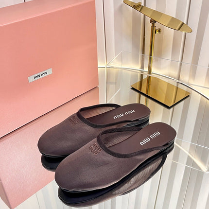 MIUMIU 26S FLAT MULES IN CHOCOLATE BROWN FABRIC AND LEATHER 
