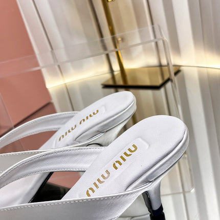 MIUMIU 26S THONG HEELED SANDALS 50 MM IN WHITE LAMBSKIN AND SATIN