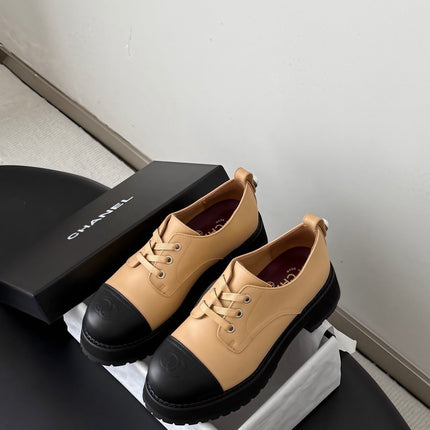 CHANEL 26S LACE UP PLATFORM IN BLACK AND BEIGE CALFSKIN
