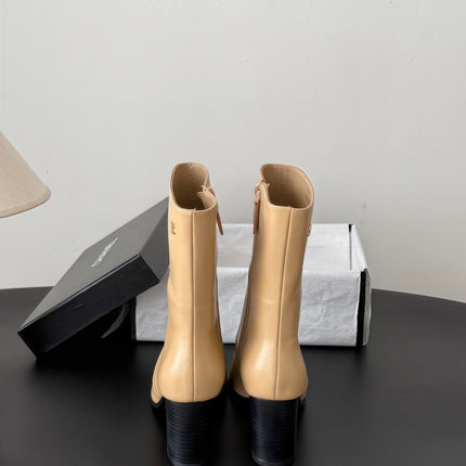 CHANEL 26S ANKLE BOOT 70 MM IN BEIGE CALFSKIN SQUARE TOE