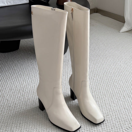 CHANEL 26S TALL BOOTS 70 MM IN CREAM WHITE CALFSKIN SQUARE TOE