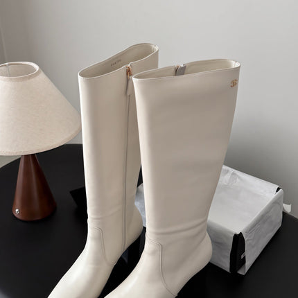 CHANEL 26S TALL BOOTS 70 MM IN CREAM WHITE CALFSKIN SQUARE TOE