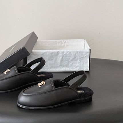 CHANEL 26S SLINGBACK LOAFERS IN BLACK CALFSKIN AND SHEARLING LINING