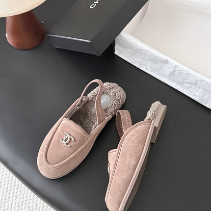 CHANEL 26S SLINGBACK LOAFERS IN GREY SUEDE AND SHEARLING LINING